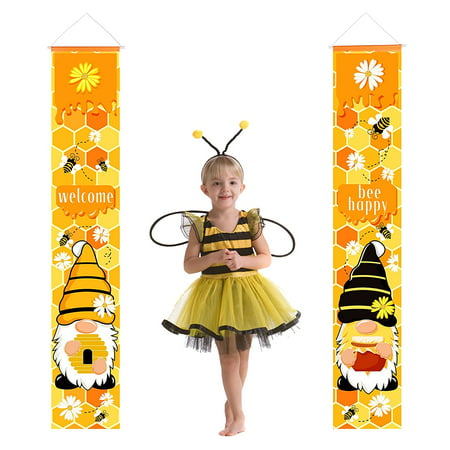 Welcome Bee Summer Gnome Porch Banner Decor Front Door Sign Seasonal Bee party supplies for Front Porch Door Decoration 12 x 71 inch 